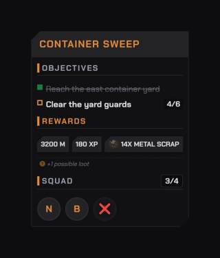 Quest HUD: objective progress, reward preview and live squad status with downed members
