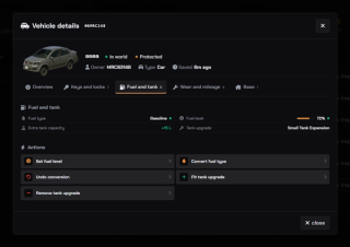Fuel and tank integration — gasoline, current fuel level, fifteen extra litres and installed tank expansion