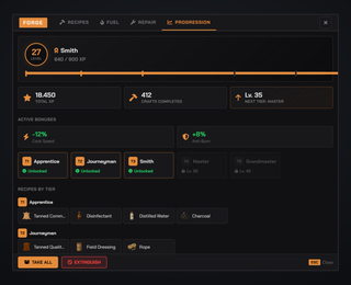 Crafting progression: level and XP, ranks unlocked so far, the speed and anti-burn bonuses they grant, and the recipes each rank opens