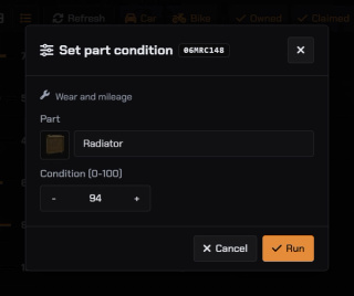 Set part health — radiator selected with its real inventory image and a configured health value of ninety-four