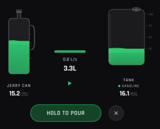 Mid-pour: the flow has ramped up to 0.8 litres a second, the can is draining into the tank and the panel counts what has gone across