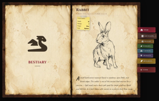 The Bestiary opens on the first creature: ink sketch, field data on a sticky note and a written description