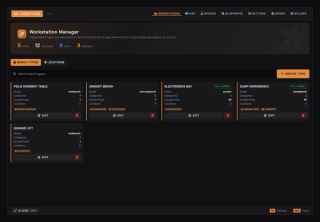 Admin panel, Workstation Manager: bench types with their prop model, linked categories, access rules and placed locations