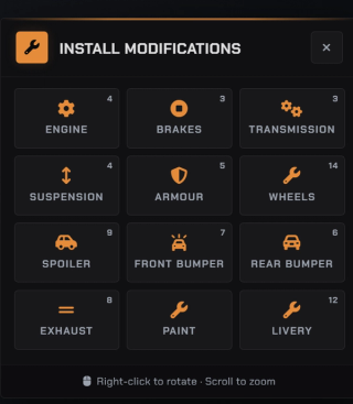 The install menu: engine, brakes, transmission, suspension, armour, wheels and the body categories, each showing how many options the car has