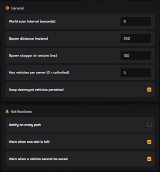 General and notification settings — scan interval, loading distance, spawn spacing, player parking limit, wreck persistence and owner notices