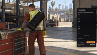 Admin bone selection page three with complete hand, leg and foot choices and Custom Bone ID 24818, with Set and Start Editing. Native browser UI over an illustrative GTA workshop scene.
