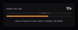 The built-in skill check: hold to build flow and keep the marker inside the drifting band before the timer runs out