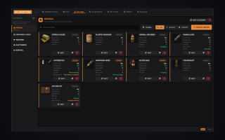 In-game admin — recipe list with categories, craft time, XP, skill and blueprint per recipe