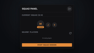 Squad panel: current members, nearby players and mission start