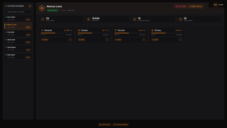 A player profile: total level, total XP, unlocked skills and used points, plus each category with its own level, XP bar and spare points