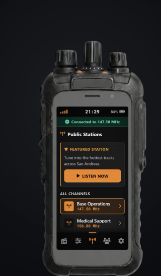 The public station list on the handset: a featured station to listen to and every channel the server publishes