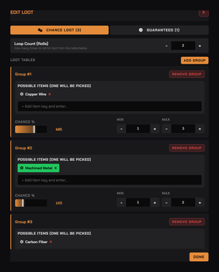 Loot table groups, each with its own item pool, chance and quantity range