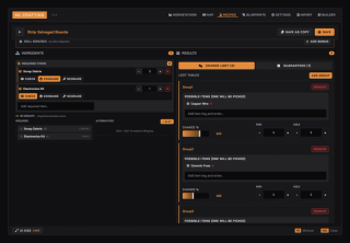 Recipe editor: chance loot tables with per-group drop percentage and min/max quantity alongside the guaranteed results