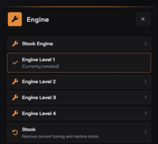 Choosing an engine tier, with the one already fitted marked and a stock option that puts the car back the way it was
