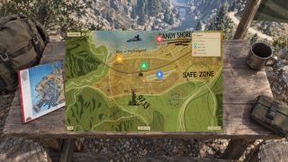 Zoomed map with player position, nearby pins and a legend.