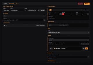 Vendor editor: ped model with 3D view, scenario, blip, which shop the NPC sells, spawn mode, time-based activation and job restrictions