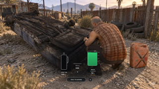 Searching a burned vehicle wreck for fuel in a survival setting