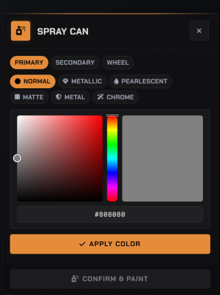 The paint booth: primary, secondary and wheels, normal, metallic or pearlescent, matte, metal or chrome, picked on a live colour field with the exact hex