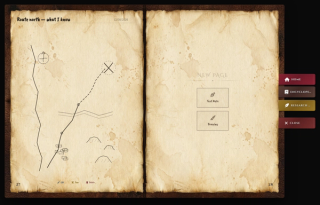 A freehand map drawn straight into the diary, and the facing page waiting for a new note or drawing