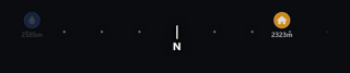 The compass strip: markers ahead of the player with their distance, fading out as they get further away
