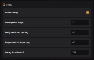 Offline decay settings — grace period, daily body and engine wear and the configured minimum health