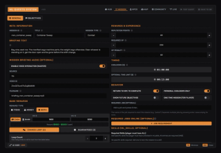 Mission editor: briefing text, ElevenLabs voice settings, base rewards with loot tables, cooldown, time limit and behaviour toggles
