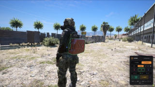 Placing a jerry can on a player back: coloured drag handles sit on the prop in the world while the panel shows the live position and rotation values