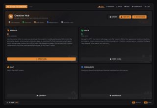 Creation Hub: mission, NPC and objective counters with quick actions for import, new NPC and new mission