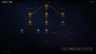 The player skill tree: unlocked nodes lit, the next tier dashed and still locked, section labels over each branch, level and available points along the bottom