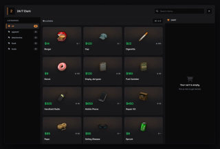Player shop: category tabs, search, price and live stock on every item, with the cart on the right
