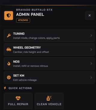 The staff panel on a vehicle: tuning, wheel geometry, nitrous and mileage, plus a full repair and a clean