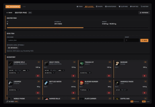 A live player inventory from the admin panel: every slot with weight, serial numbers, ammo counts and durability, plus give and remove