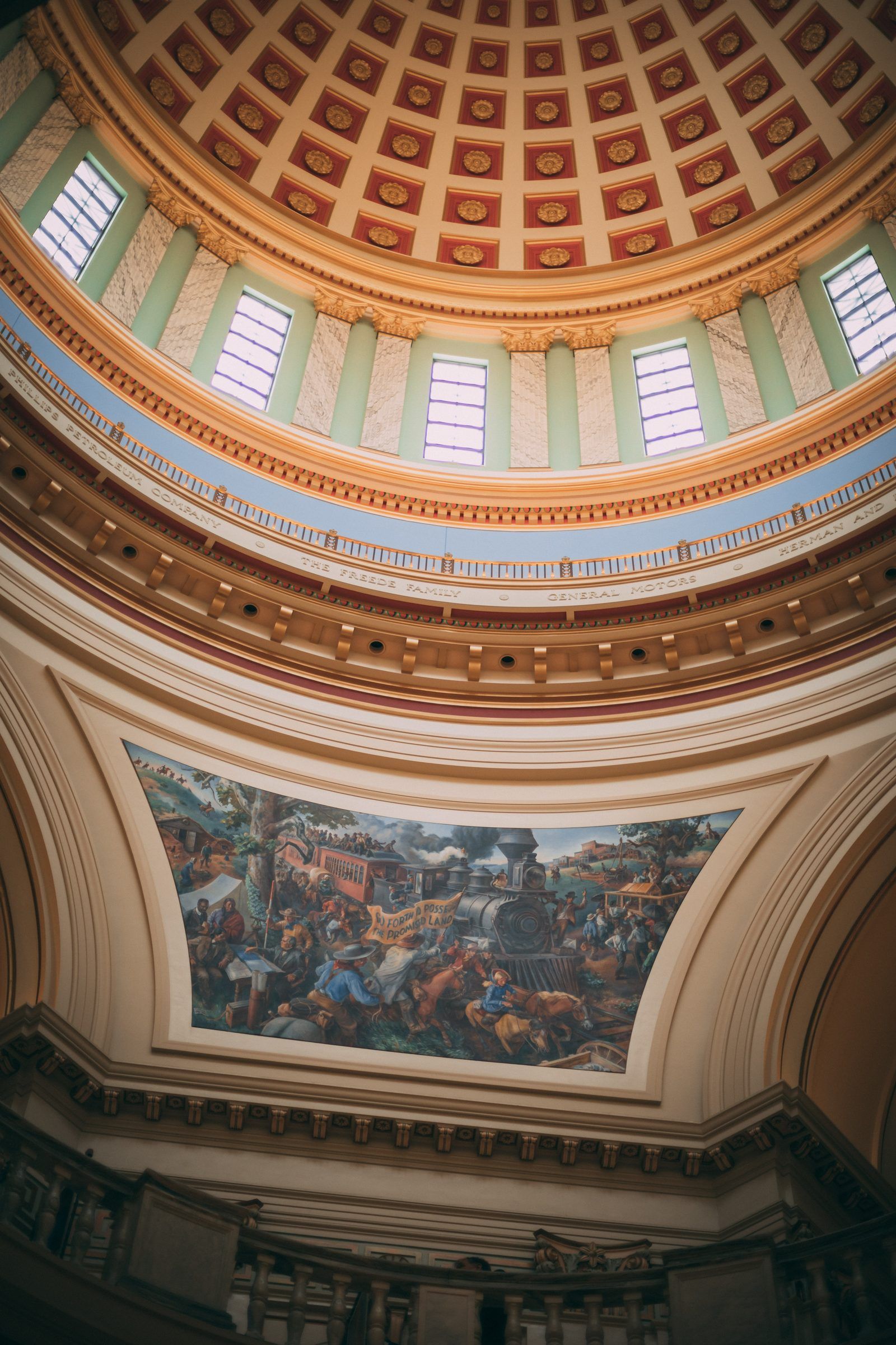 Looking up into the painted interior of the Oklahoma State Capitol dome.