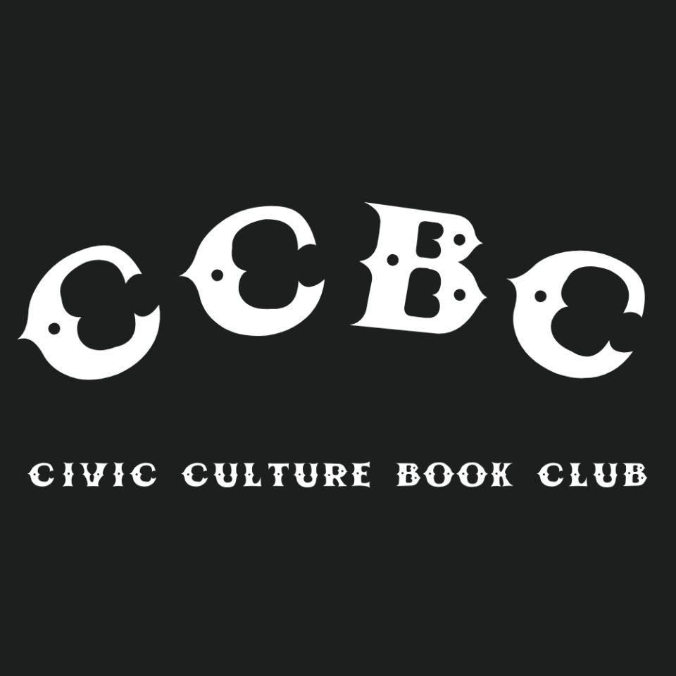 The Civic Culture Book Club logo: “CCBC” in large white ornamental letters above the full name, on black.