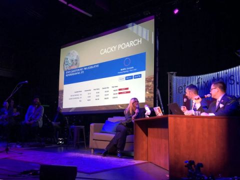 The Election Night Show set, with hosts at a news desk and live election results projected on a large screen.
