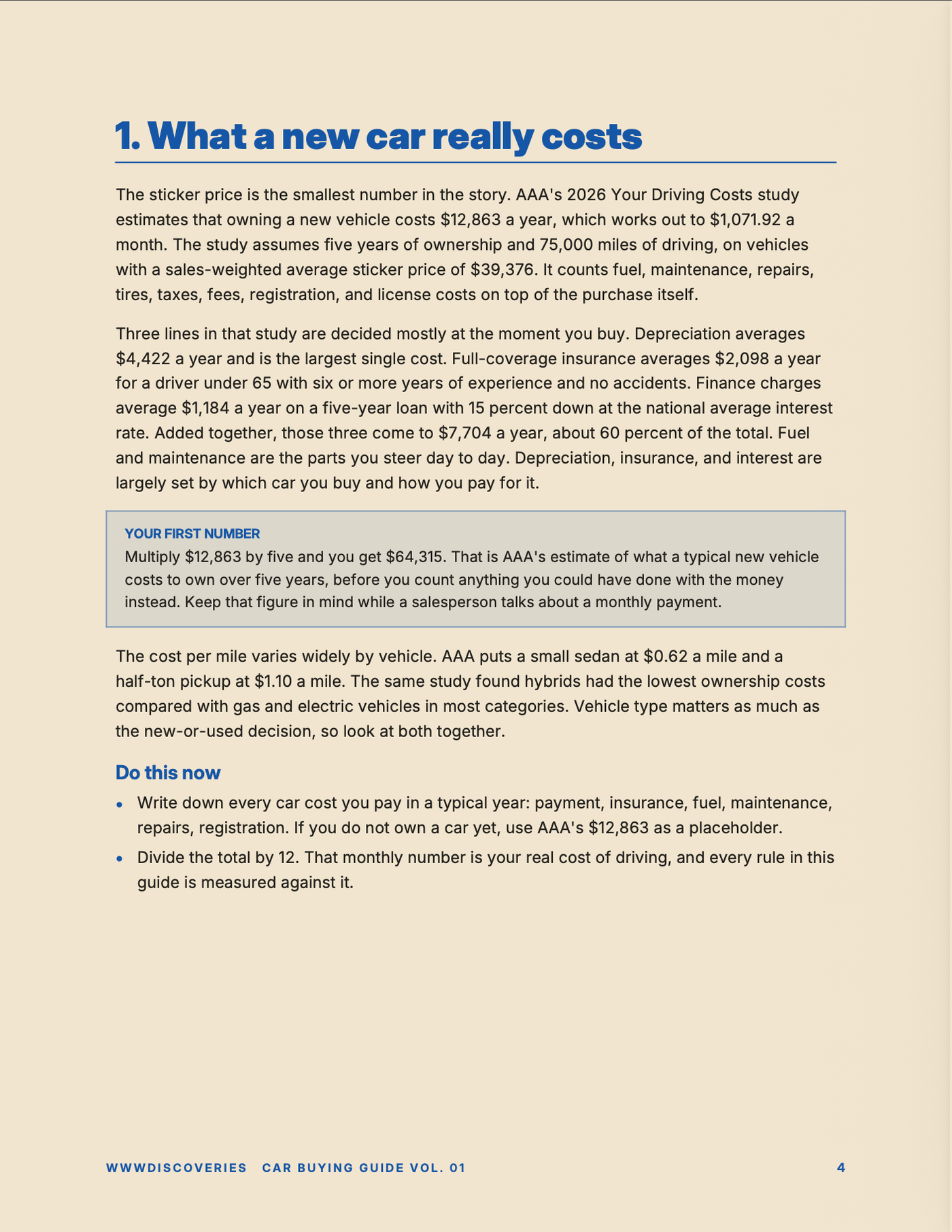 A sample chapter page, "What a new car really costs", with a Your First Number box and a Do this now list