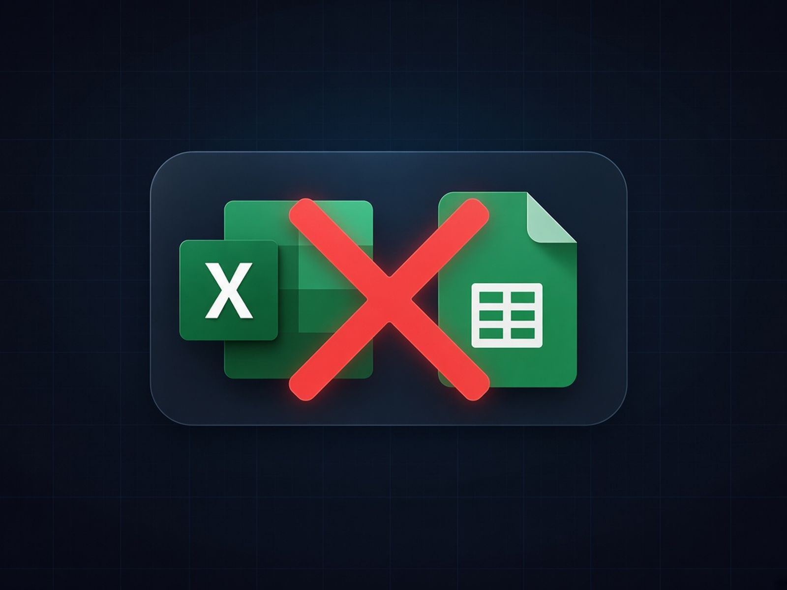 Microsoft Excel and Google Sheets logos on a dark grid, crossed out with a red X