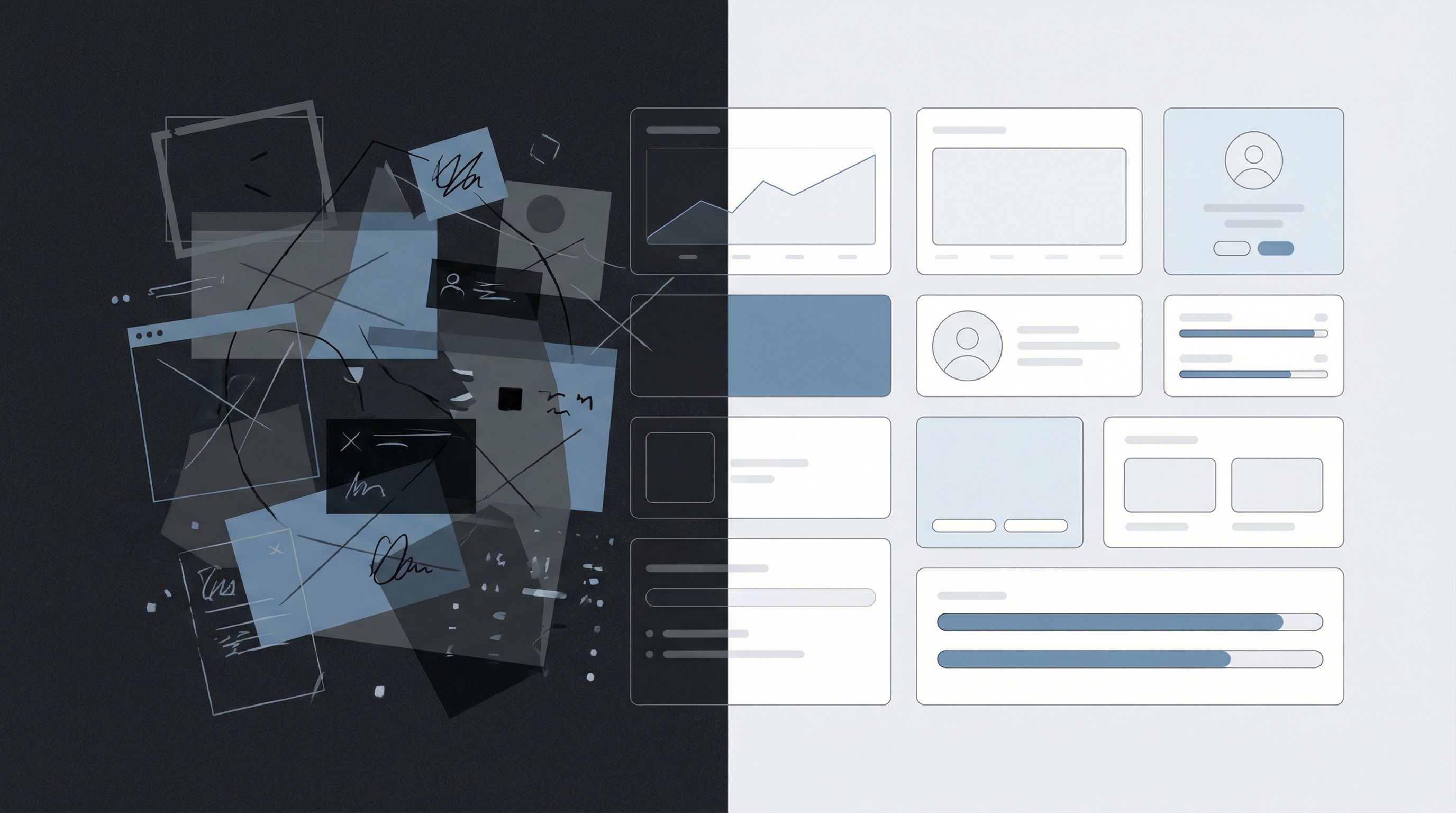 Structure vs chaos: unstructured content on the left, clean grid layout on the right