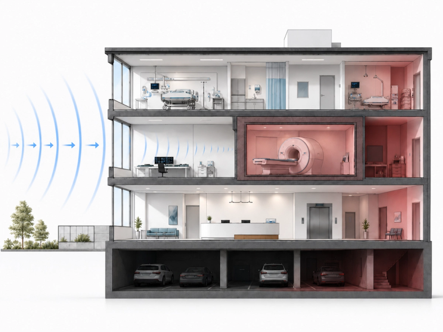 Cellular signal enters from the exterior but weakens rapidly as it travels deeper into the building. Lead-lined radiology suites, thick concrete floors, and below-grade parking levels create complete dead zones, even when outdoor signal is strong.