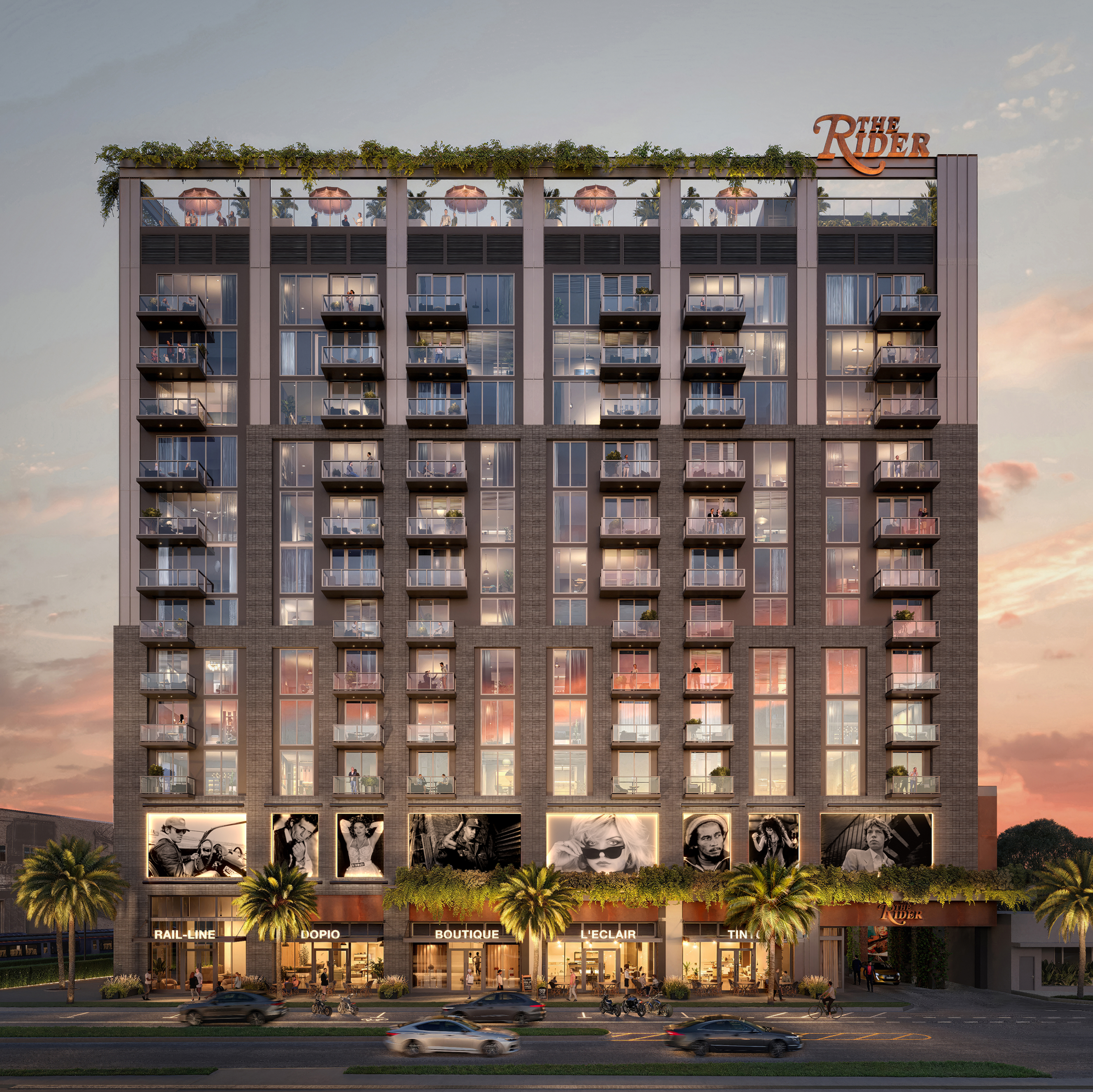 The Rider Residences at night, north elevation rendering