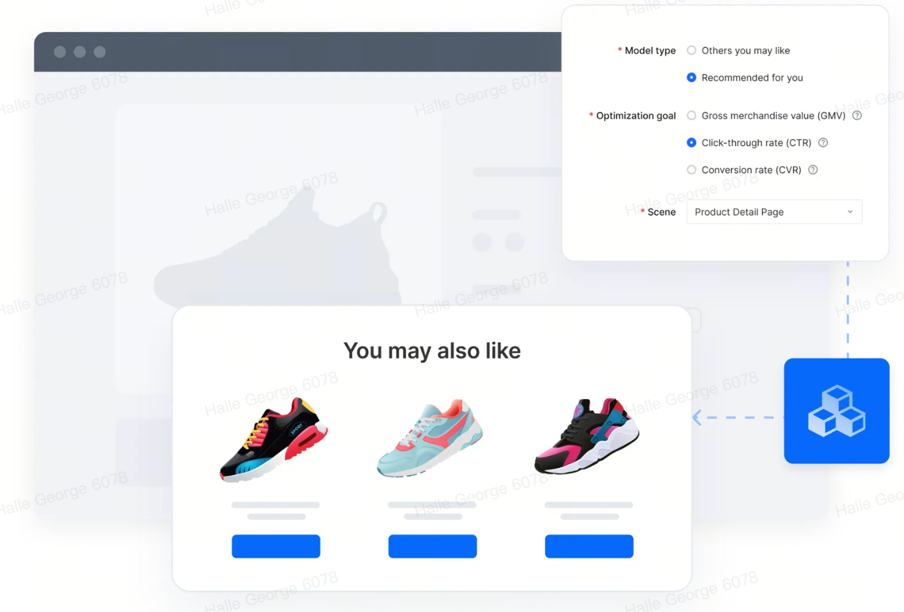 A screen image of a ByteDance recommendation engine, displaying different types of sneakers a user might buy.