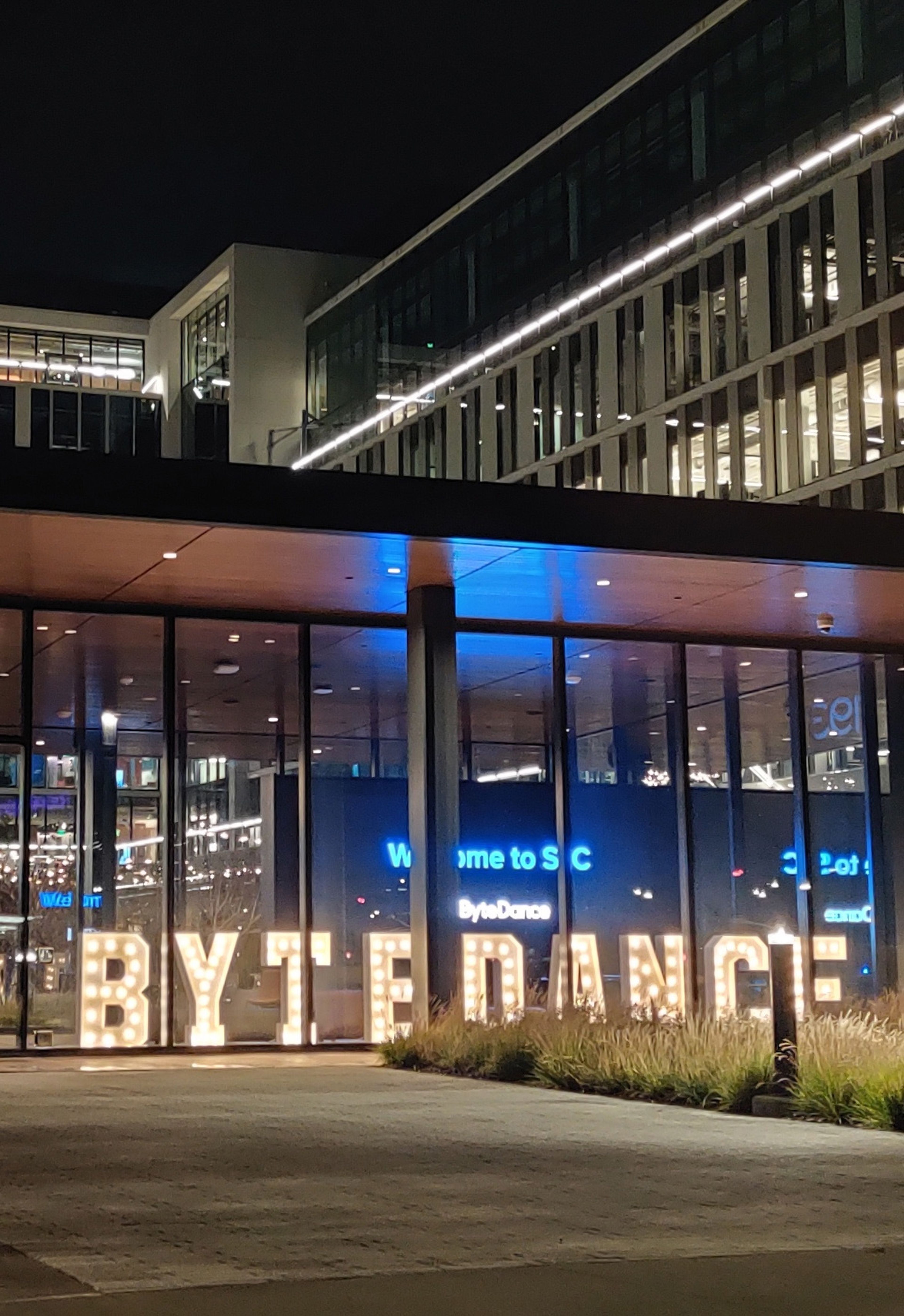 Exterior entrance of San Jose office at night