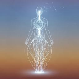 Illustration depicting gentle, flowing energy lines moving upwards through a human silhouette, starting from the feet and ending at the head, against a soft, calming background, symbolizing a body scan practice.