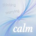 Illustration of a serene, abstract image depicting a calm mind, with subtle, ethereal wisps. The large words 'thinking,' 'worrying,' and 'calm' float through a clear, open space, diagonally from top to bottom right. Calm is the biggest word. The overall impression is one of gentle observation and inner spaciousness.
