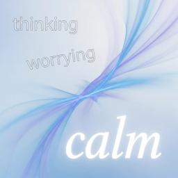 Illustration of a serene, abstract image depicting a calm mind, with subtle, ethereal wisps. The large words 'thinking,' 'worrying,' and 'calm' float through a clear, open space, diagonally from top to bottom right. Calm is the biggest word. The overall impression is one of gentle observation and inner spaciousness.