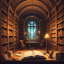 A serene, ancient library filled with towering shelves of glowing books, an ethereal light illuminating scrolls and symbols, and a sense of calm wisdom emanating from every corner, inviting exploration and creative inspiration.