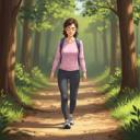 Illustration of a person walking outdoors on a natural path, a forest trail, with their eyes gently closed or gazing softly downwards. They're mid-stride, posture is relaxed yet attentive, with sunlight dappling through trees or a warm, gentle light illuminating the scene. The focus is on the subtle physical sensations of walking, the connection of feet to the ground, and a sense of peaceful awareness in motion.