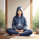 A serene and peaceful image of a person sitting in a comfortable, upright posture, with eyes gently closed or a soft gaze downwards. The setting is minimalist and calming, perhaps a soft-lit room with natural textures or a tranquil outdoor space with a subtle, diffused light. There's a subtle visual suggestion of a gentle, rhythmic flow, perhaps a soft ripple effect or a subtle haze around the person, symbolizing the breath. The overall impression is one of deep tranquility, focus, and inner peace, inviting quiet contemplation and a connection to one's internal rhythm.