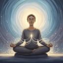 Illustration of a serene individual in a calm pose, eyes gently closed, surrounded by a soft, warm glow, symbolizing inner peace amidst a swirling, ethereal background that represents fading anxiety, with a subtle emphasis on stable grounding and a tranquil breath.