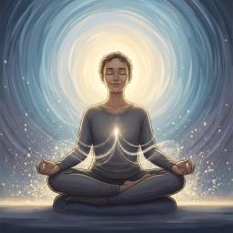 Illustration of a serene individual in a calm pose, eyes gently closed, surrounded by a soft, warm glow, symbolizing inner peace amidst a swirling, ethereal background that represents fading anxiety, with a subtle emphasis on stable grounding and a tranquil breath.